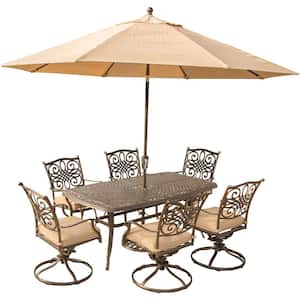 7-Piece Outdoor Dining Set with Rectangular Cast Table and Swivels with Natural Oat Cushions, Umbrella and Base