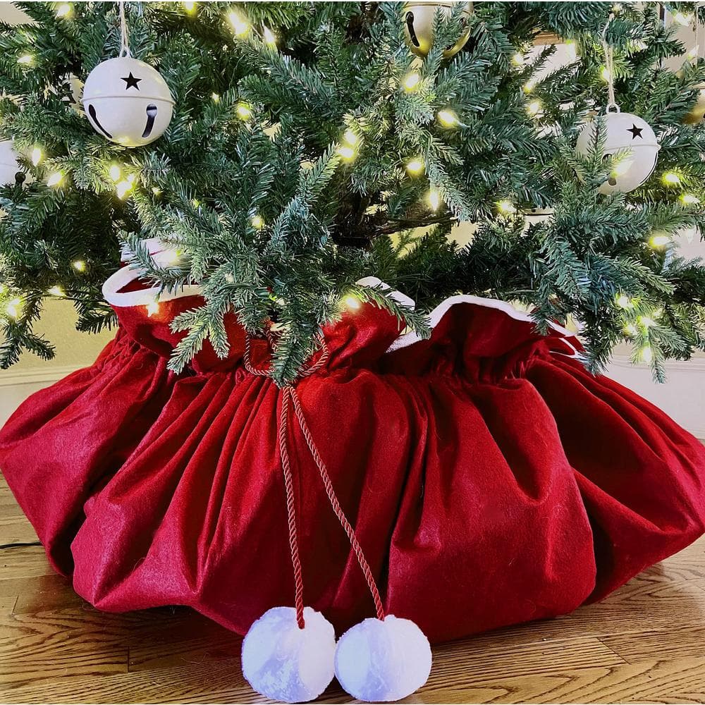 Extra Large Dark Red Velvet Convertible Tree Skirt with Pom Poms