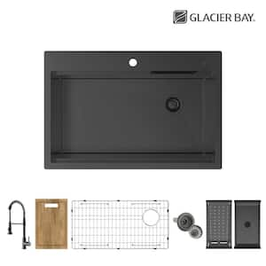 33 in. Drop-In Single Bowl 18-Gauge Black Stainless Steel Workstation Kitchen Sink with Waterfall and Pull-Down Faucet