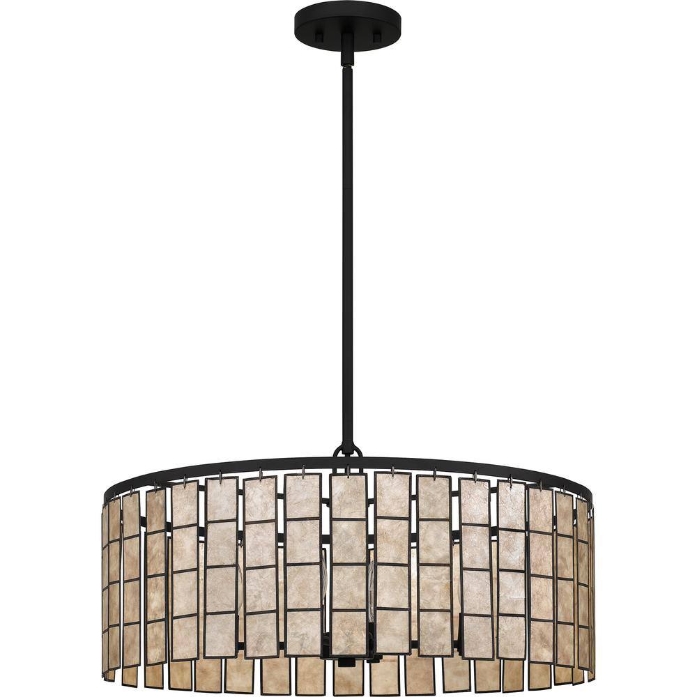 Matte Black Glass Drum Pendant Light with Amber Shade