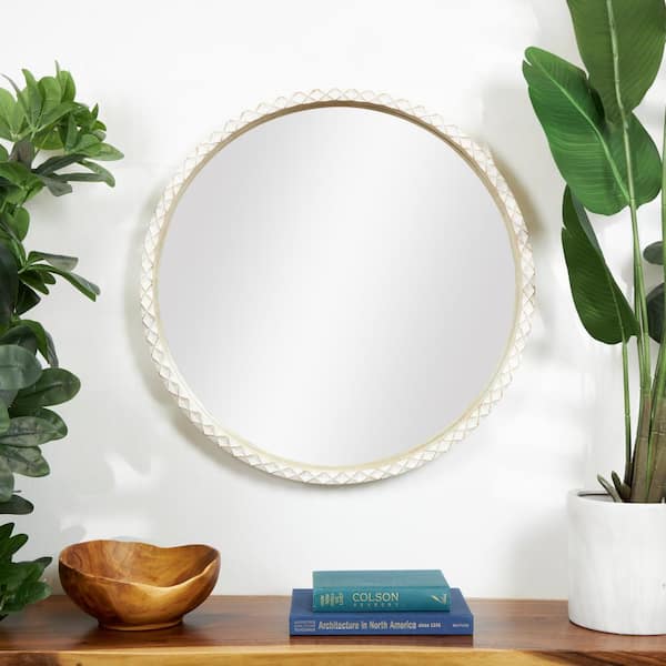 Litton Lane 30 in. W. x 30 in. Round Framed Cream Wall Mirror with Geometric Diamond Patterned Frame