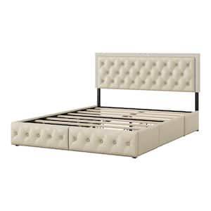 Beige PU Leather Upholstered Metal Frame Queen Platform Bed Frame with 4 Storage Drawers and LED Headboard