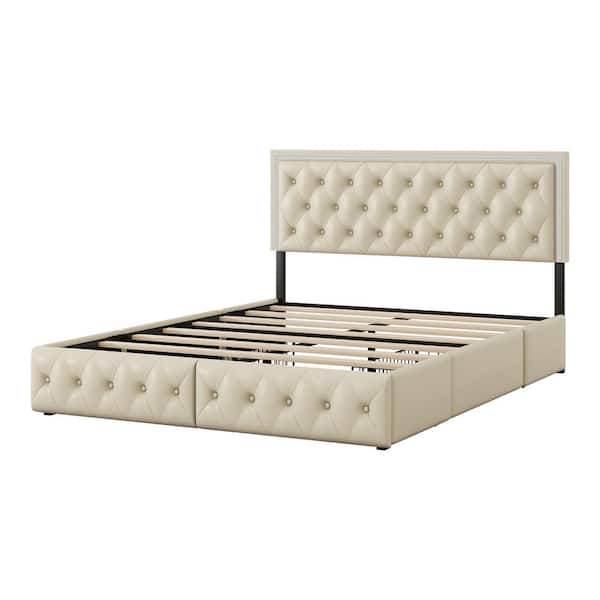 HOMEFUN Beige PU Leather Upholstered Metal Frame Queen Platform Bed Frame with 4 Storage Drawers and LED Headboard