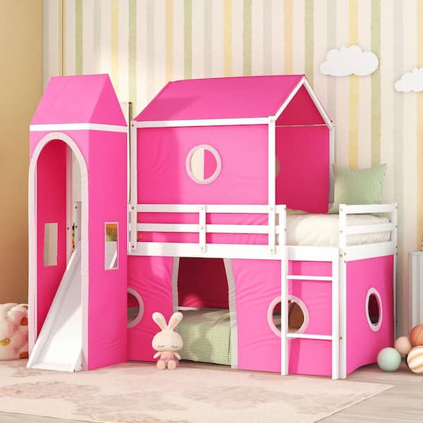 Harper & Bright Designs Pink Twin Size Wood Bunk Bed with Slide, Tent, Tower and Ladder