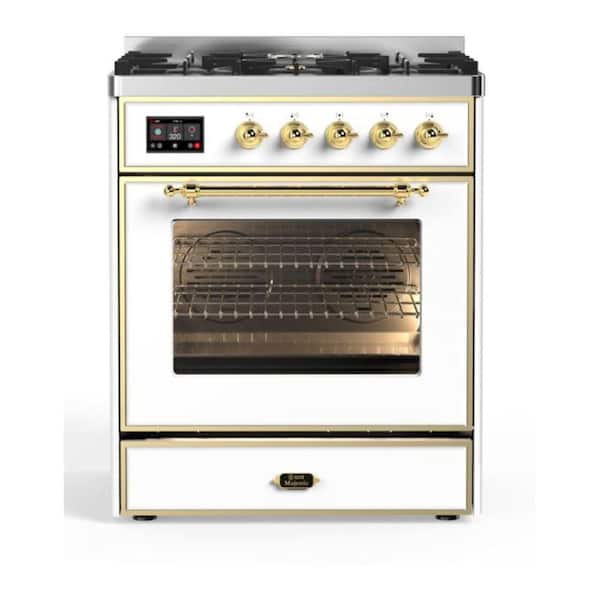 Majestic II 30 in. Single Oven Dual Fuel Range with 5 Sealed Burners, Glass Door, Copper Trim in White