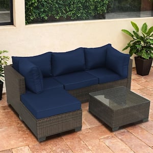 Patio Furniture Sets 5-Piece Outdoor Sectional Sofa with Wicker Rattan Couch Dark blue Cushions Tempered Glass Table