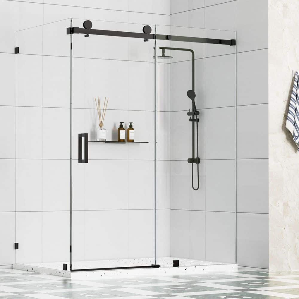 Resa 60 in. W x 33 in. D x 76 in. H Sliding Frameless Corner Shower Enclosure in Matte Black with 3/8 in. Clear Glass price history on PriceWatchPro