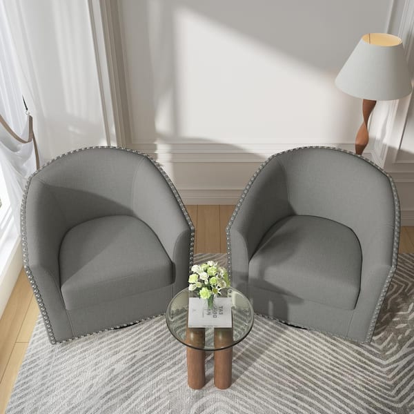Uixe Light Gray Linen Metal Base Upholstered 360° Swivel Accent Barrel Chair With Nailhead Trim(Set of 2)