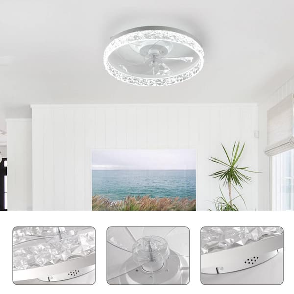20 in. Indoor White Crystal Ceiling Fan with Light and Remote, Flush Mount LED Ceiling Fan, Dimmable for Bedroom
