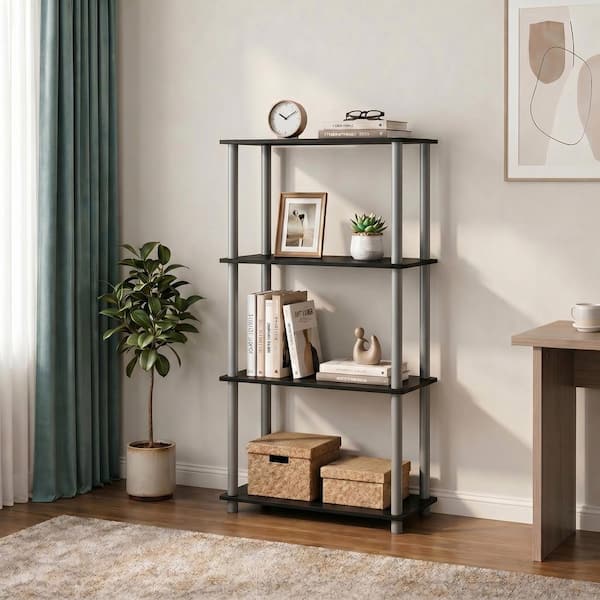Furinno Turn-N-Tube 43.25 in. Tall Black/Grey Wood 4-Shelf