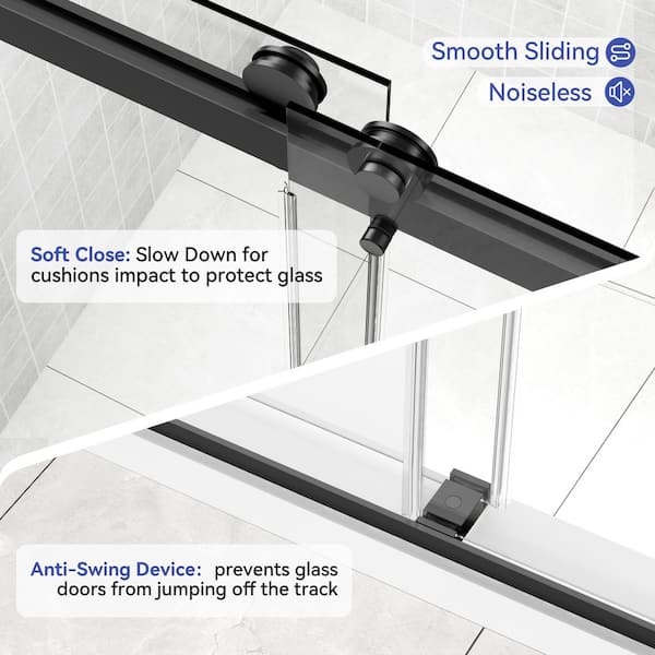 56 - 60 in. W x 76 in. H Soft - Close Frameless Sliding Shower Door in Matte Black with 5/16 in. Clear Glass