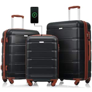 3-Piece Black and Brown 20, 24, 28 in.  Expandable ABS Hardshell Spinner Luggage Set with TSA Lock, 20-in. with USB Port