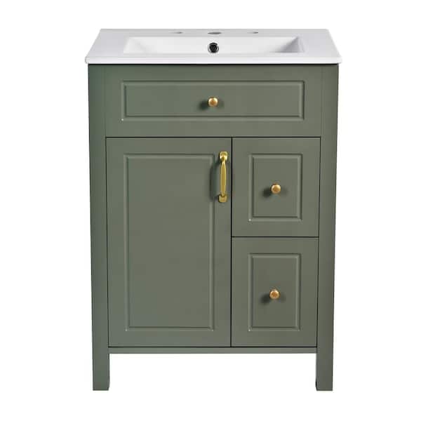 24 in. Single Sink Freestanding Green Bath Vanity with White Ceramic Top, Double Storage Racks