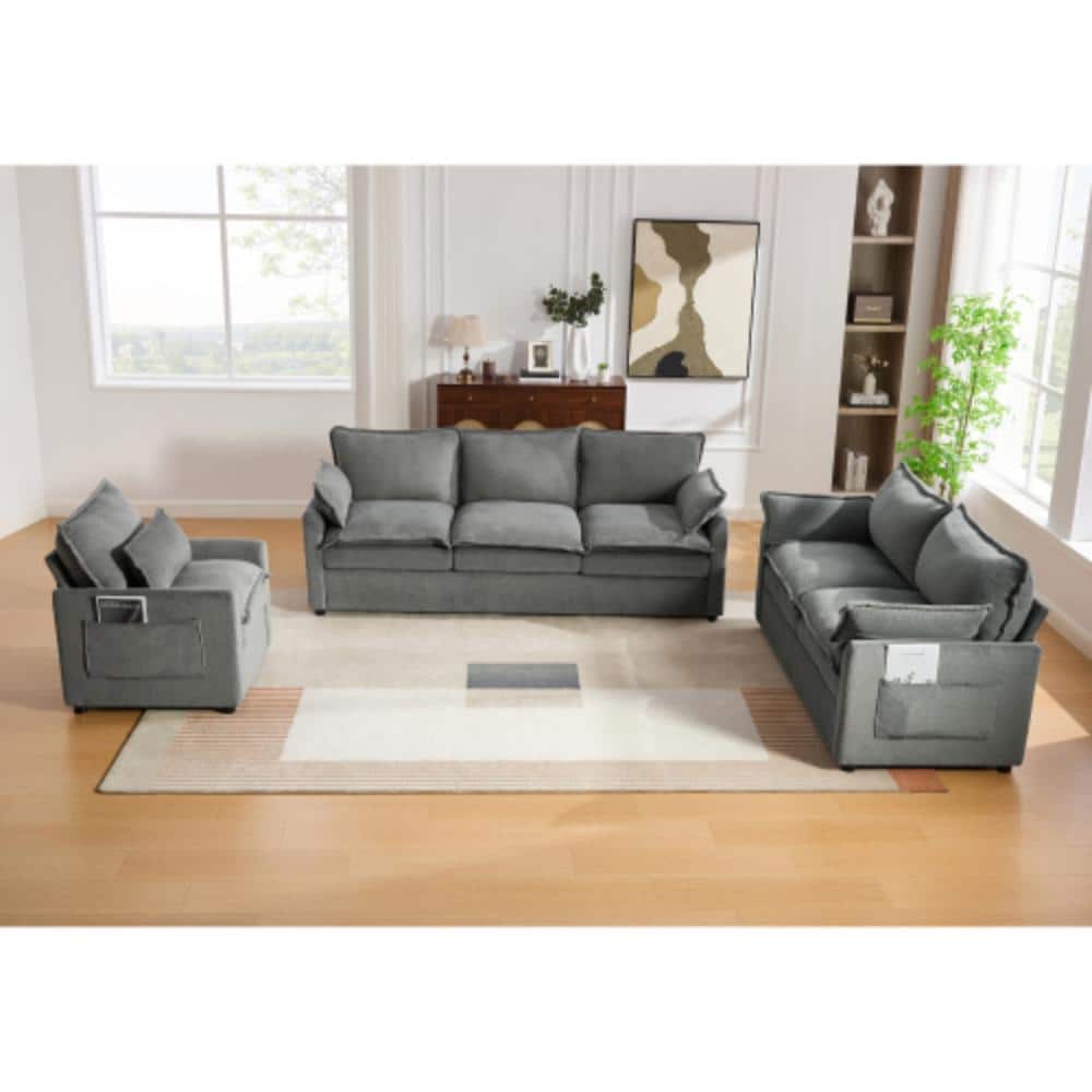188 in. Grey Plush Faux Fur 6-Seater U-Shape Modular Sectional Sofa with Lumbar Pillows and Side Storage Pockets
