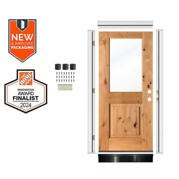 Krosswood Doors DIY 32 in. x 80 in. Modern Left-Hand Clear Glass Clear Stain Knotty Alder Wood Front Door Kit w/ Quick Assemble Jamb