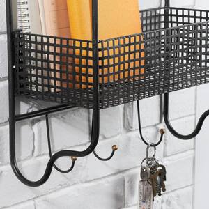 20 in. H x 15 in. W x 6 in. D Black Metal Wall Organizer with Basket and 3 Hooks