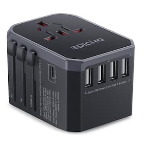 5 Amp Grounded Universal AC Plug Travel Adapter with 5 USB Ports in Grey (1-Pack)