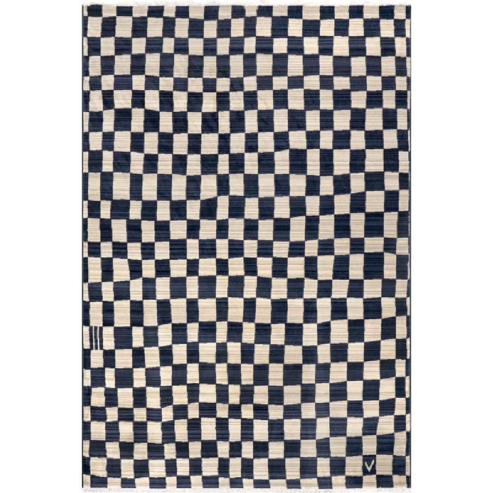 Dominique Abstract Checkered Fringe 6 ft. 4 in. x 6 ft. 4 in. Navy Area Rug price history on PriceWatchPro