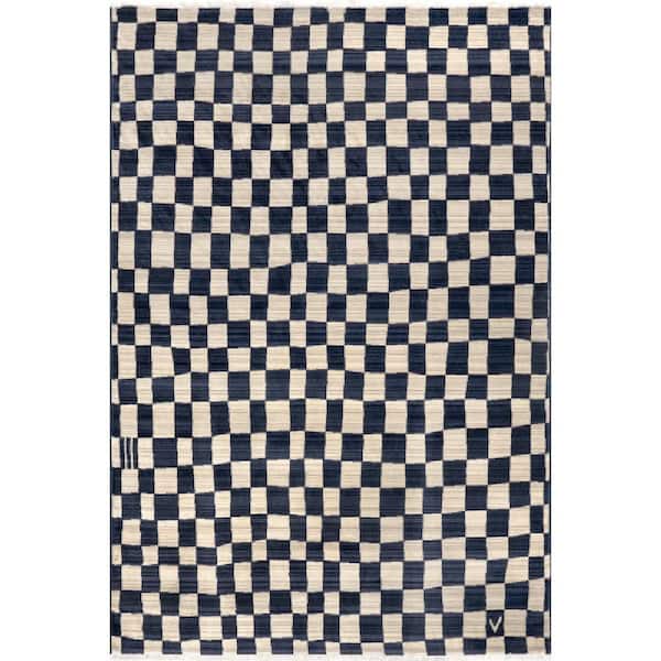 Dominique Abstract Checkered Fringe 6 ft. 4 in. x 6 ft. 4 in. Navy Area Rug
