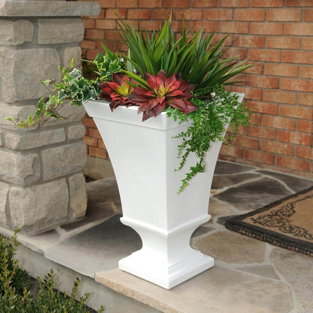 Vienna 25" White Polyethylene Tall Urn Planter with Water Reservoir