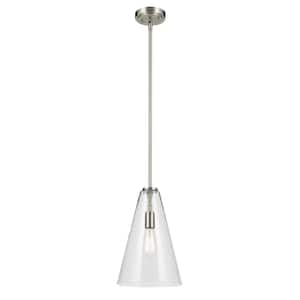 Everly 10.25 in. 1-Light Brushed Nickel Modern Shaded Cone Kitchen Hanging Pendant Light with Clear Glass