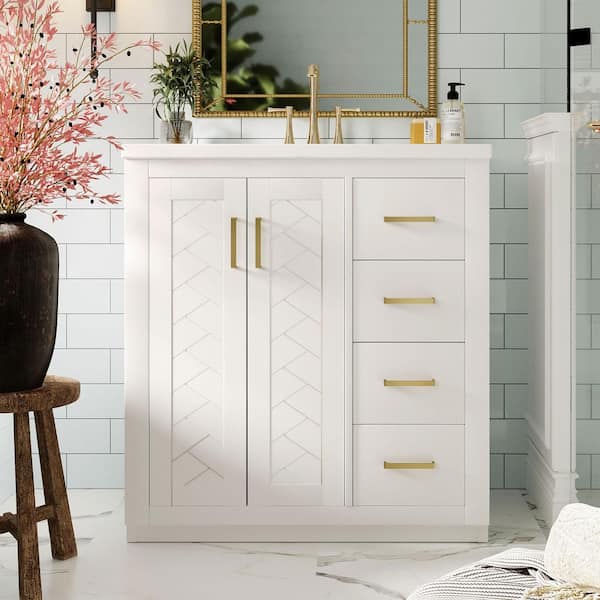 30in. W x 18in. D x 34in. H Freestanding Solid Wood Bath Vanity in White with White Ceramic Undermount Sink