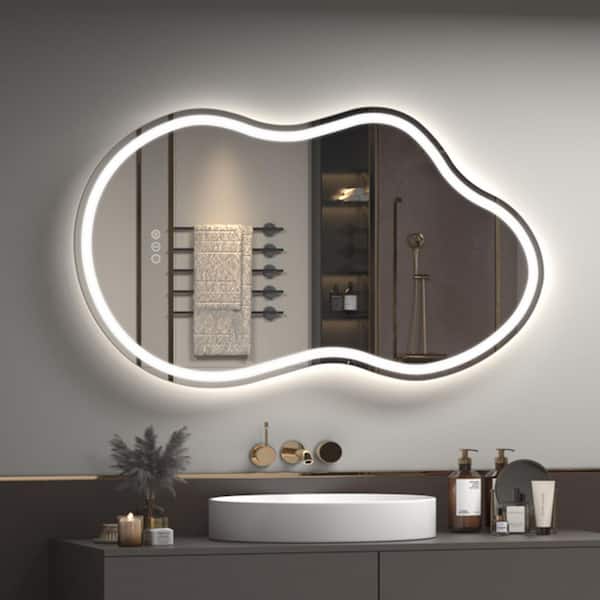 20 in. W x 36 in. H Irregular Frameless LED Lighted Anti-Fog Tempered Glass Asymmetrical Wall Bathroom Vanity Mirror