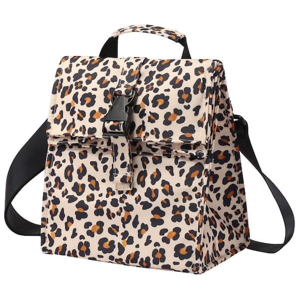 Foldable Insulated Lunch Bag with Adjustable Shoulder Strap, Lightweight Portable Lunch Box, Leopard Soft Fabric