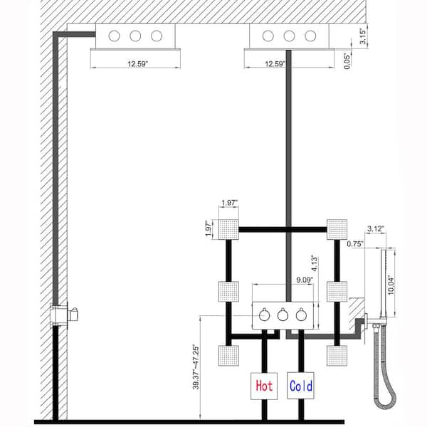 Dimakai 12 in. 6-Jet Thermostatic Ceiling Mount LED Rainfall Shower System with Bathroom Shower Mixer Set in Black