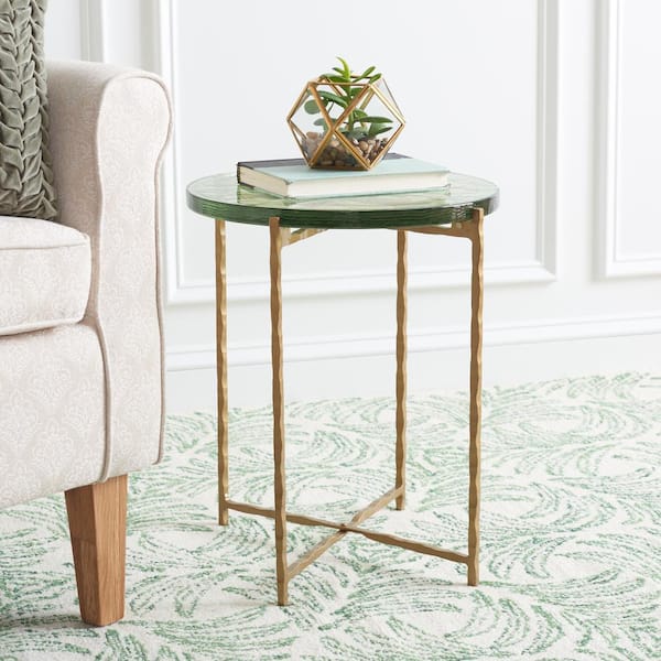 SAFAVIEH Tengah 14.8 in. Green/Brass Round Glass End Table