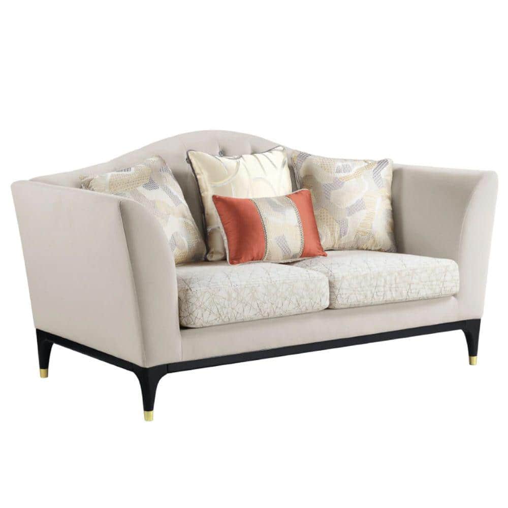 Beige Velvet Tufted Loveseat with Gold-Capped Wood Legs, 71"
