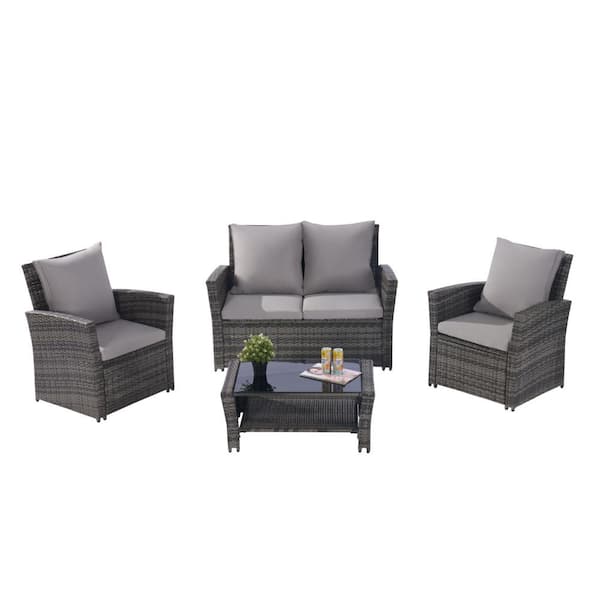 Angel Sar 4-Piece Dark Gray Wicker Patio Conversation Set with Tempered Glass Coffee Table and Light Gray Cushions