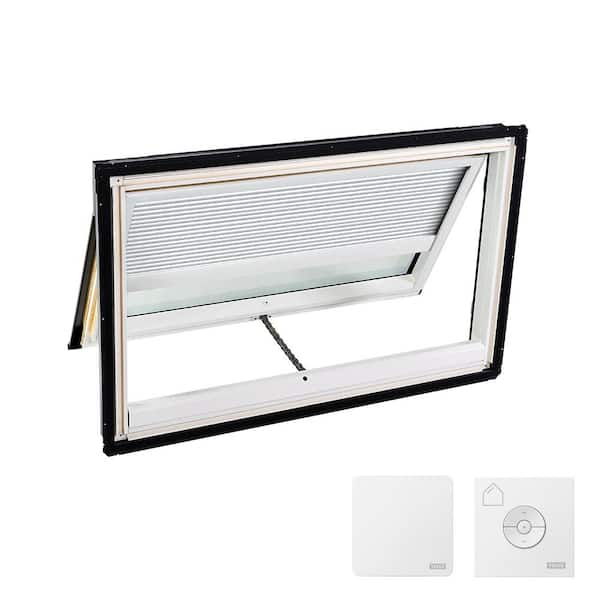 VELUX 44-1/4 in. x 26-7/8 in. Venting Deck Mount Skylight w/ Laminated Low-E3 Glass, White Solar Powered Room Darkening Shade