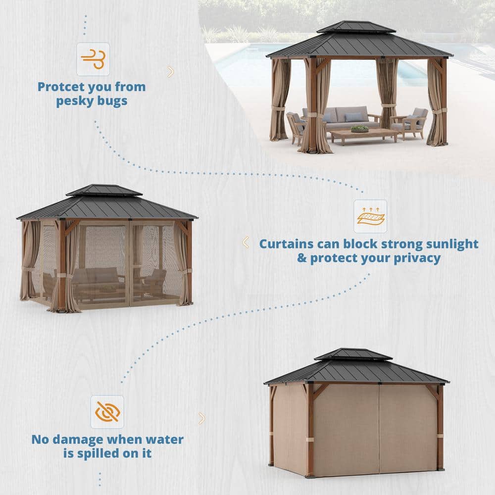 Brown Aluminum Hardtop Gazebo with Curtains and Netting, 10'x12'