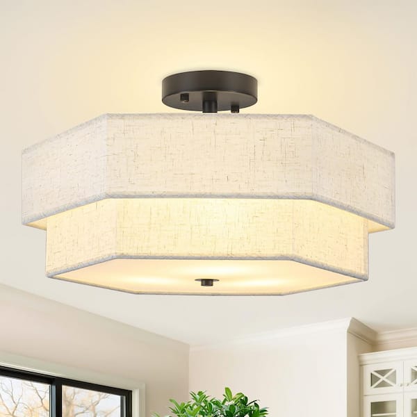 ZSMIHDOH 17.7 in. 3-Light Modern Black Metal and Fabric Drum Semi Flush Mount Ceiling Light Fixture