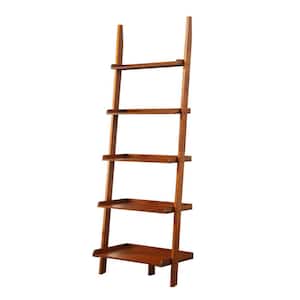 72 in. Cherry Wood 5-shelf Ladder Bookcase with Open Back