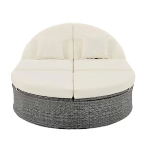 Gray Wicker Outdoor 2-Person Daybed with Beige Cushions and Pillows,Adjustable Backrests,Foldable Cup Trays for Poolside