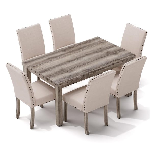 7-Pieces Rectangular Wood Tone Wooden Top Dining Table Set 6 Seats