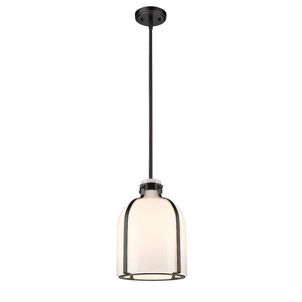 Pearson 9.75 in. 1-Light Matte Black Pendant Light with White Opal Glass Sh