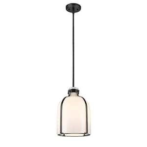 Pearson 9.75 in. 1-Light Matte Black Pendant Light with White Opal Glass Shade