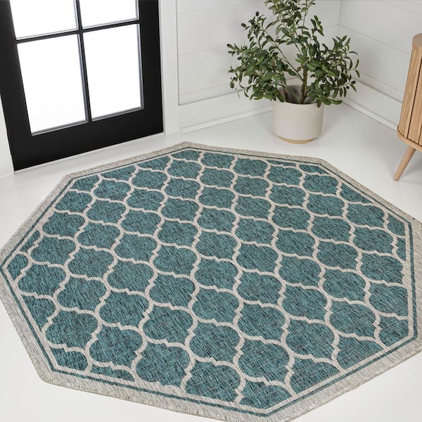 Trebol Moroccan Trellis Textured Weave Teal/Gray 8 ft. Octagon Indoor/Outdoor Area Rug