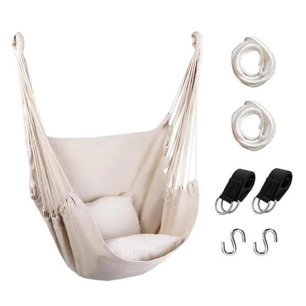 Hammock Chair Hanging Rope Swing, Max 300 lbs. Hanging Chair with Pocket- Quality Cotton Weave (Beige)