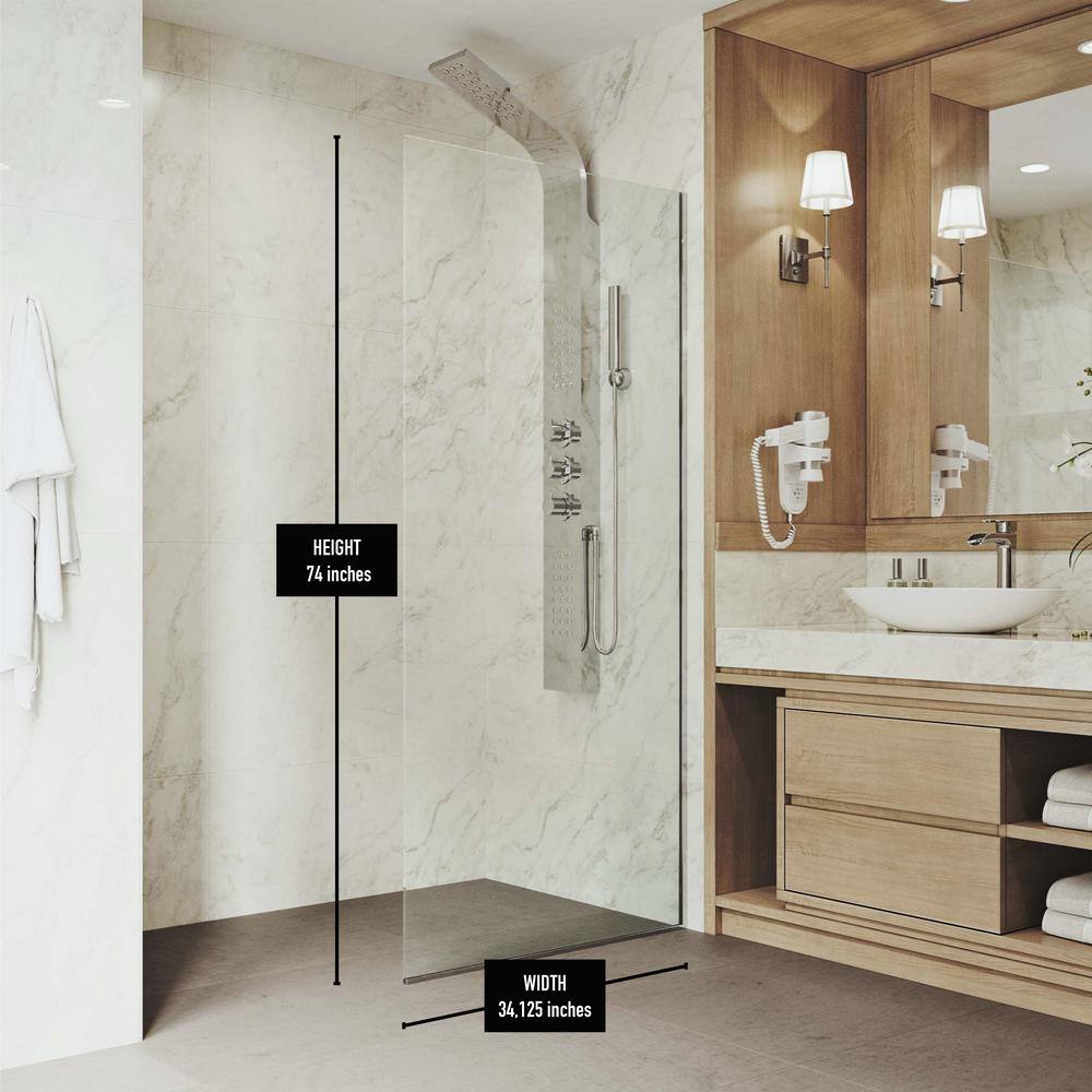 Zenith Frameless 34" x 74" Clear Glass Shower Screen with Chrome Hardware