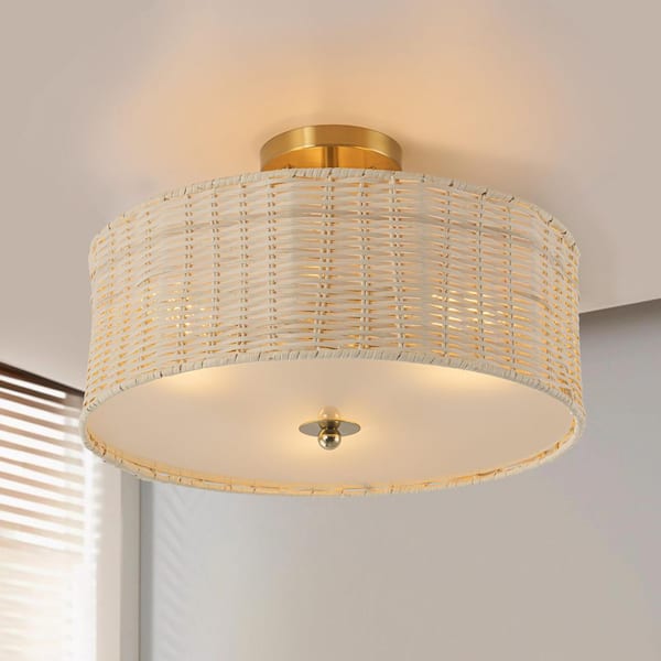15.75 in. 3-Light Brass Woven Rattan Semi-Flush Mount Ceiling Light