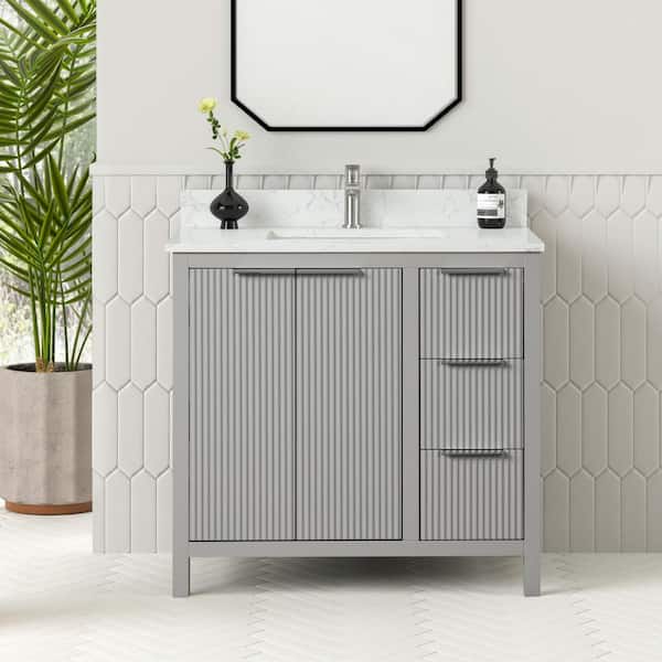 HOMEVY STUDIO Binghamton 36 in. W x 22 in. D x 35 in. H Single Sink Freestanding Bath Vanity in Imperial Gray with Carrara Quartz Top