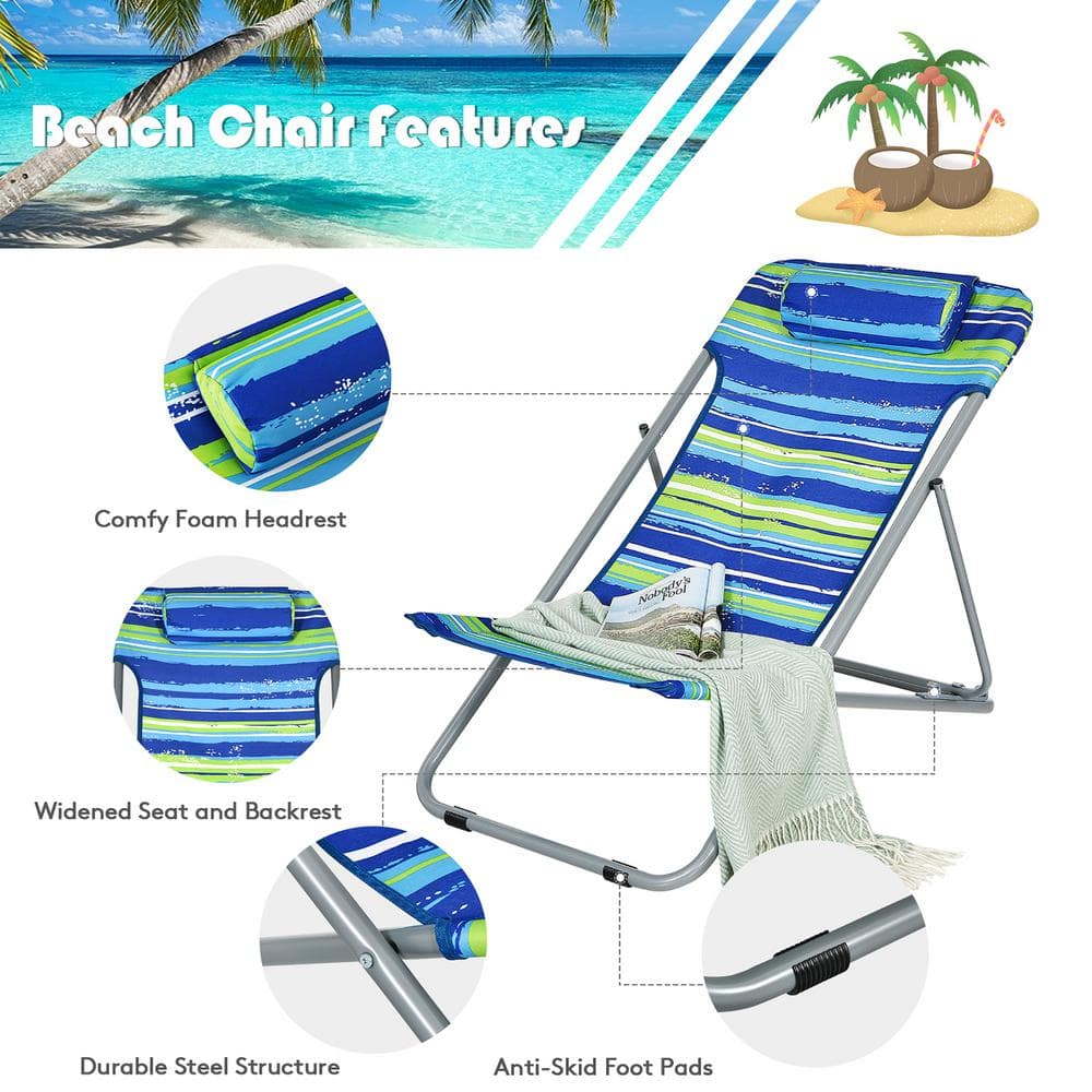 Blue Striped Folding Armless Camping Beach Chairs with Headrest, Set of 2