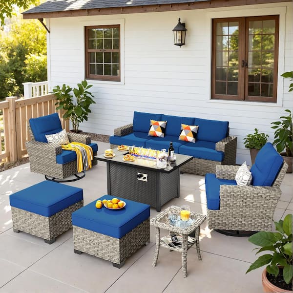 HOOOWOOO Kelleys 9-Piece Wicker Modern Outdoor Patio Conversation Sofa Set with a Fire Pit, Swivel Chairs and Navy Blue Cushions