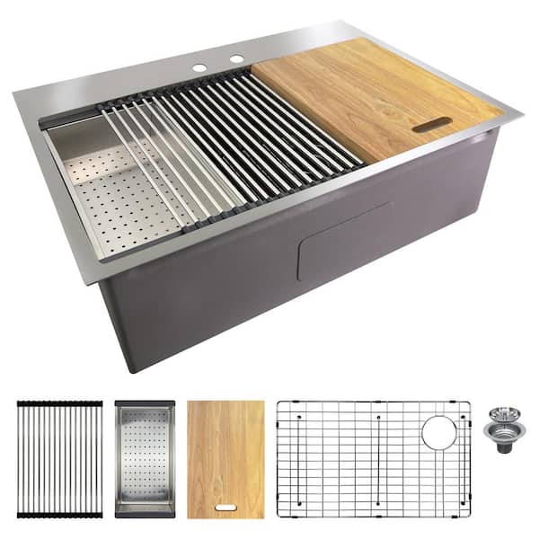 Transolid Workstation 30 in. Drop-in Single Bowl Stainless Steel 2-Hole Kitchen Sink with Accessories