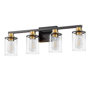 27 in. 4 Light Bathroom Vanity Light, Modern Black and Gold Bathroom Lights Fixtures Over Mirror with Clear Glass Shade