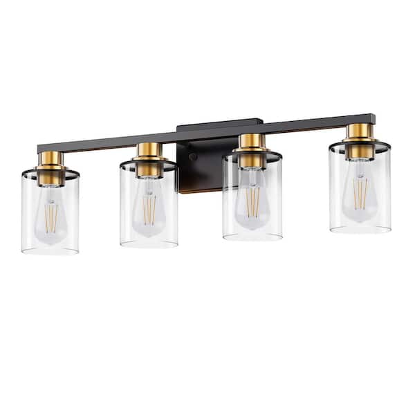 YANSUN 27 in. 4 Light Bathroom Vanity Light, Modern Black and Gold Bathroom Lights Fixtures Over Mirror with Clear Glass Shade